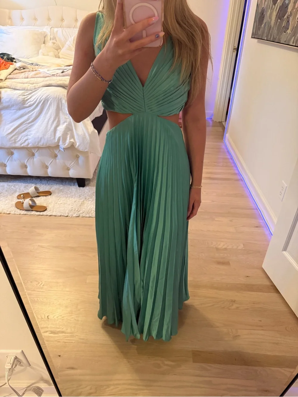 Abercrombie & Fitch Teal Green Pleated Cutout Maxi Dress